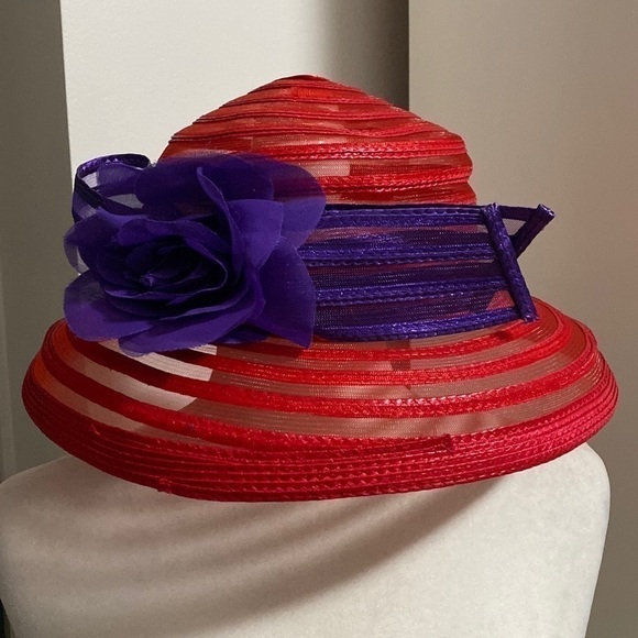 Red Hat Society Derby Purple Silk Flower Mesh Ribbon Vacation Party Holiday - Picture 5 of 15